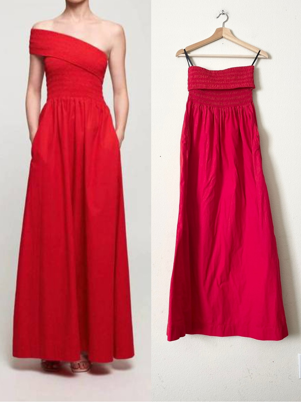 S/W/F MEDIUM one shoulder cutout smocked chest pocket maxi dress in red